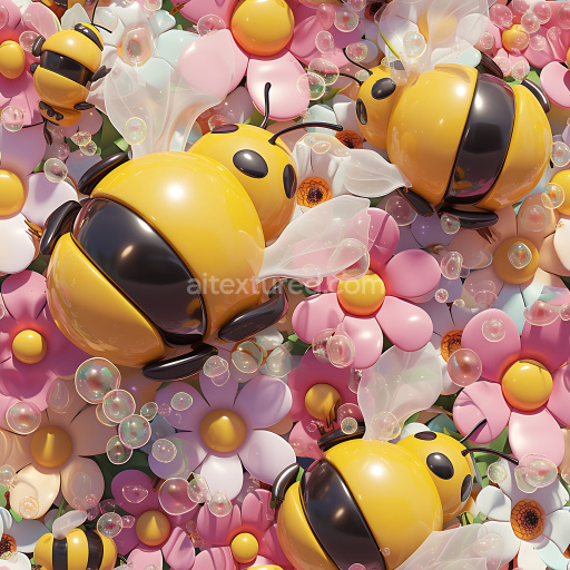 Seamless 3D Inflated Vinyl PBR Texture Featuring Glossy Yellow Bees and Pastel Flowers