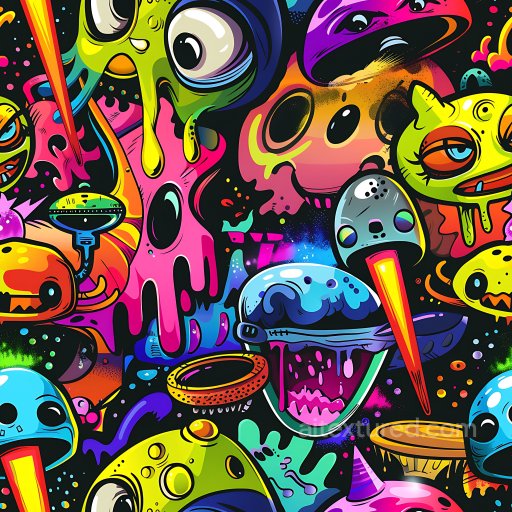 Seamless 3D PBR Texture Featuring Vibrant Cartoon-Style Graffiti Characters texture preview