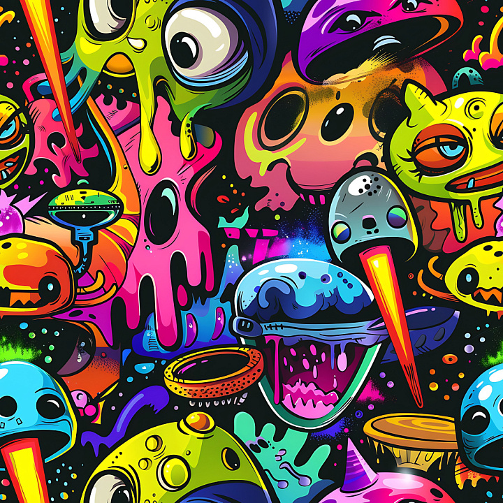 Featuring Vibrant Cartoon-Style Graffiti Characters seamless PBR texture preview