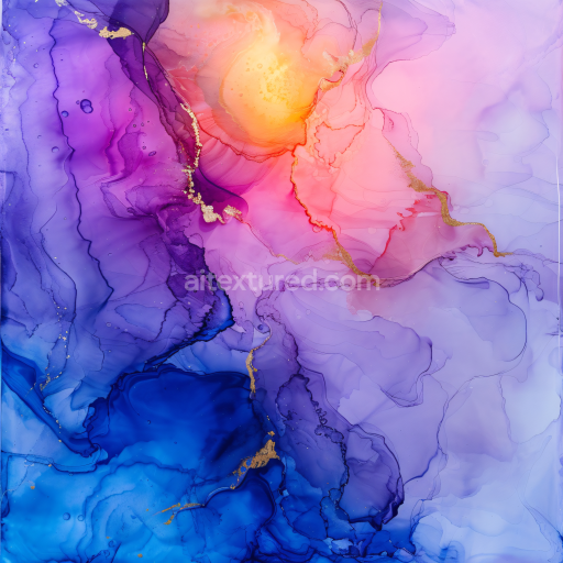 Seamless 3D Alcohol Ink PBR Texture Featuring Violet to Blue Gradients with Golden Veining