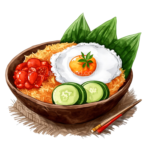 Indonesian Nasi Goreng Breakfast Bowl with Fried Egg and Fresh Vegetables Illustration