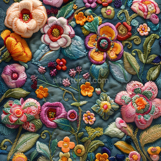 Seamless 3D PBR Texture of Colorful Embroidered Floral Pattern on Fabric
