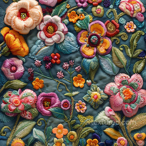 Colorful Embroidered Floral Pattern on Fabric Seamless Texture seamless Embroidered floral PBR texture