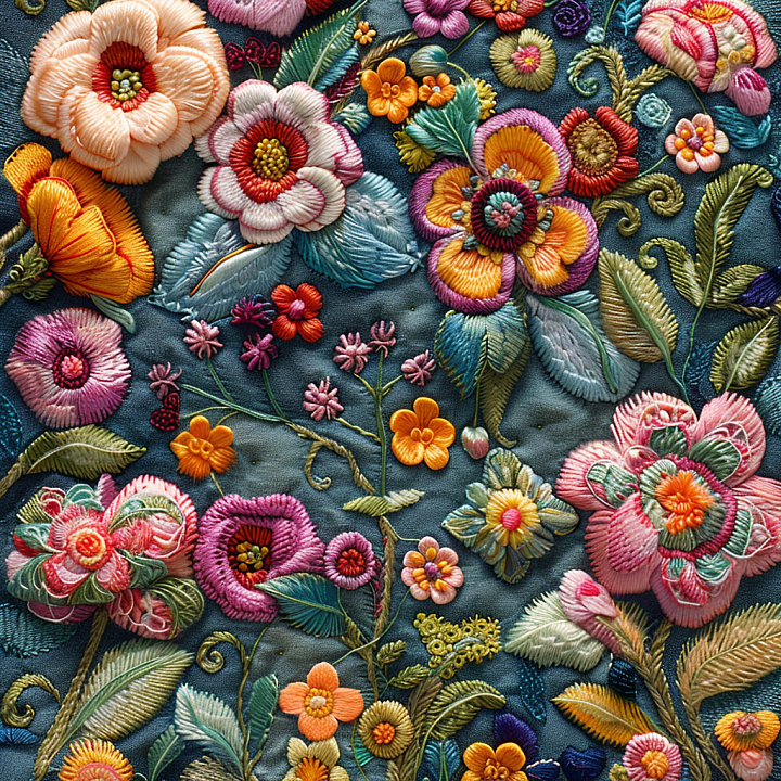 Colorful Embroidered Floral Pattern on Fabric seamless PBR texture preview