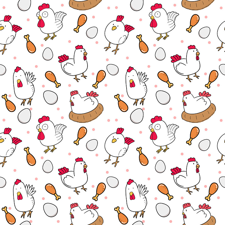 Pattern with Playful Cartoon Chickens, Eggs, and Drumsticks seamless PBR texture preview