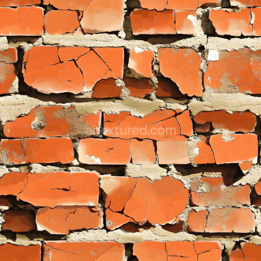 Seamless 3D cracked brick wall PBR texture with chipped orange-red bricks and eroded mortar