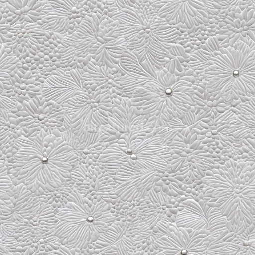 Seamless 3D PBR embossed white floral leather texture with pearl studs