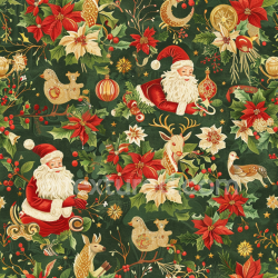 seamless Seamless 3D PBR Texture of Vintage Christmas Pattern with Santa and Festive Foliage texture 8k free download PBR