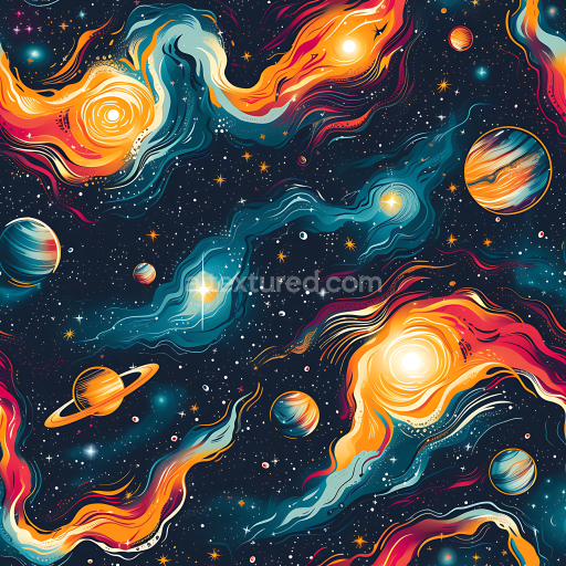 Preview — Seamless 3D cosmic nebula PBR texture with vibrant swirling stars and planets