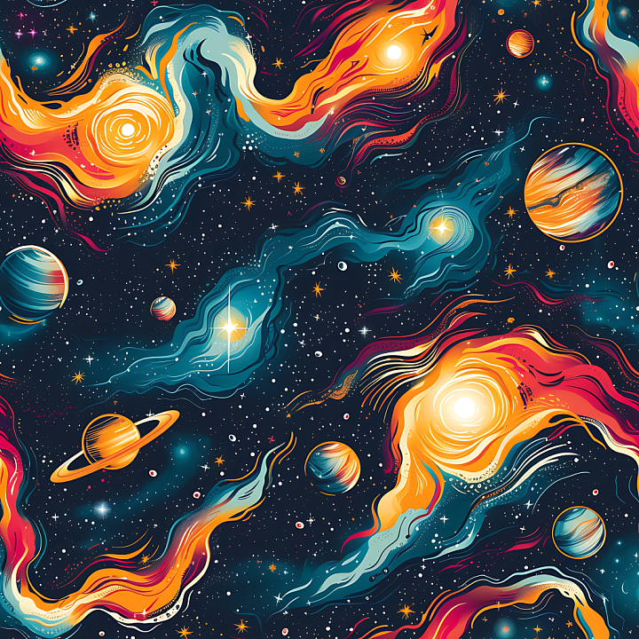Cosmic Nebula With Vibrant Swirling Stars And Planets seamless PBR texture preview