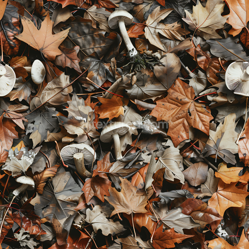Seamless 3D Autumn Leaf Camouflage PBR Texture with Realistic Fallen Leaves and Mushrooms