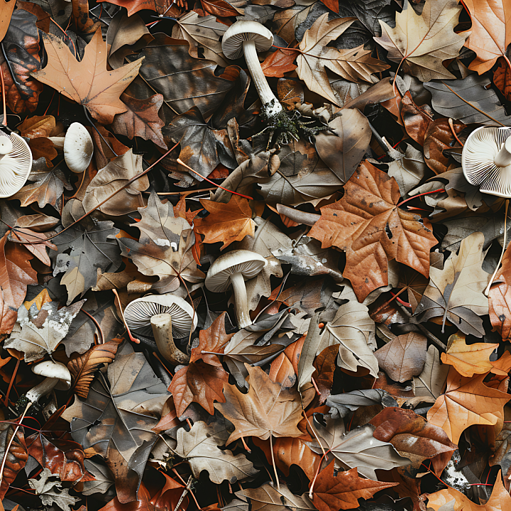Autumn Leaf Camouflage with Realistic Fallen Leaves and Mushrooms seamless PBR texture preview