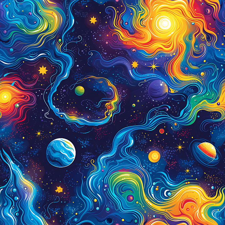 Space Featuring Vivid Cosmic Nebulae and Stylized Galaxy Elements seamless PBR texture preview