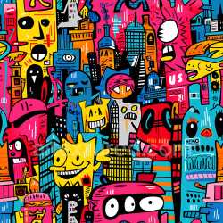 seamless Seamless 3D PBR Texture Featuring Vibrant Cartoon-Style Graffiti Characters texture 8k free download PBR