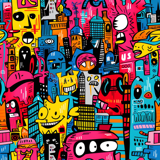 Seamless 3D PBR Texture Featuring Vibrant Cartoon-Style Graffiti Characters