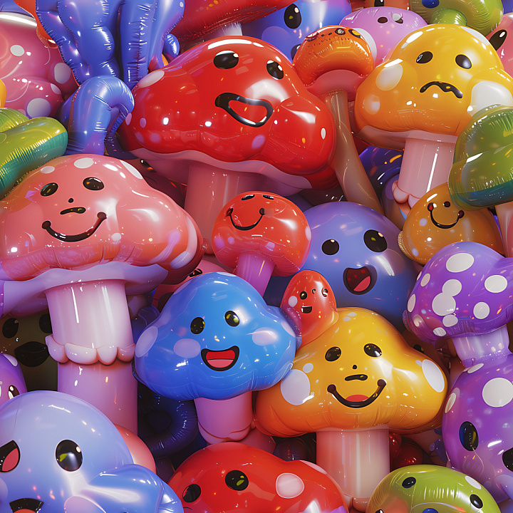 Inflated of Colorful Smiling Mushroom Balloons seamless PBR texture preview