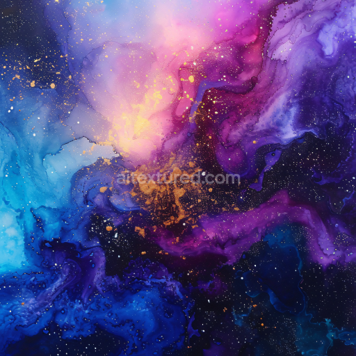 Seamless 3D Alcohol Ink PBR Texture with Cosmic Purple, Blue and Gold Swirls