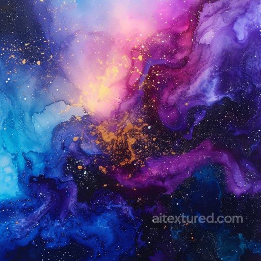 Alcohol Ink PBR Texture with Cosmic Purple, Blue and Gold Swirls seamless Alcohol ink PBR texture