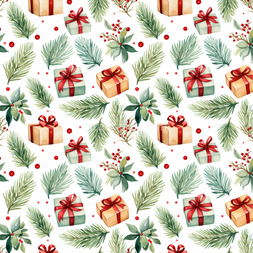 Preview — Seamless 3D PBR Texture with Watercolor Christmas Gifts and Pine Foliage