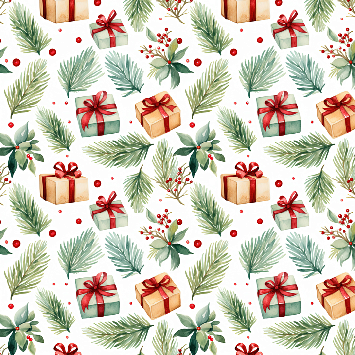 with Watercolor Christmas Gifts and Pine Foliage Wood seamless PBR texture preview