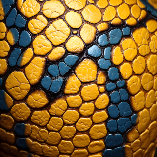 Seamless 3D PBR reptilian skin texture featuring vibrant yellow and blue scaled pattern with detailed surface cracks and natural sheen