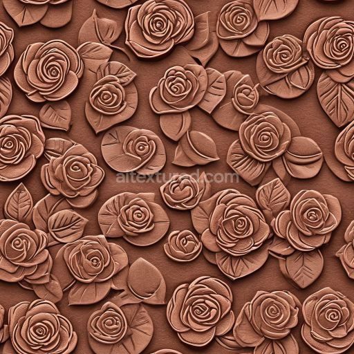 Seamless 3D embossed rose leather PBR texture in warm brown with intricate floral details