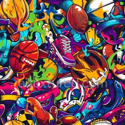 seamless Seamless 3D PBR Texture of Vibrant Urban Sports Graffiti with Sneakers and Footballs texture 8k free download PBR