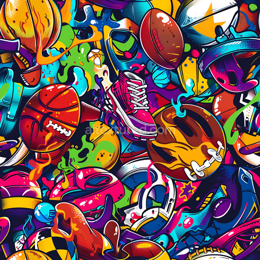 Seamless 3D PBR Texture of Vibrant Urban Sports Graffiti with Sneakers and Footballs