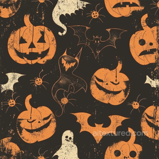 Seamless Vintage Halloween-Themed 3D PBR Fabric Texture with Distressed Pumpkin and Bat P… seamless Vintage Halloween PBR texture