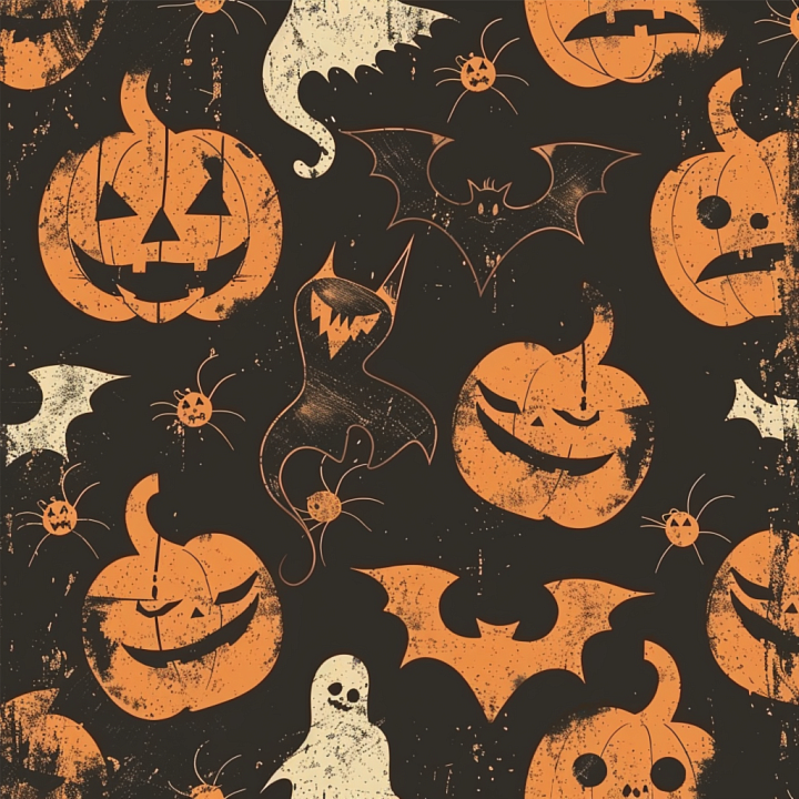 Vintage Halloween-Themed Fabric with Distressed Pumpkin and Bat P… seamless PBR texture preview