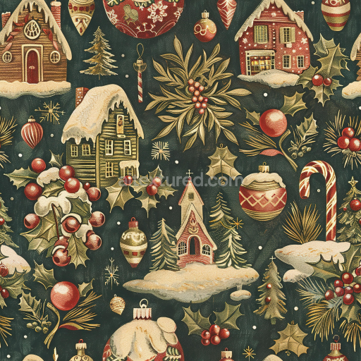 Seamless 3D PBR Texture of Vintage Christmas Digital Paper with Festive Ornaments