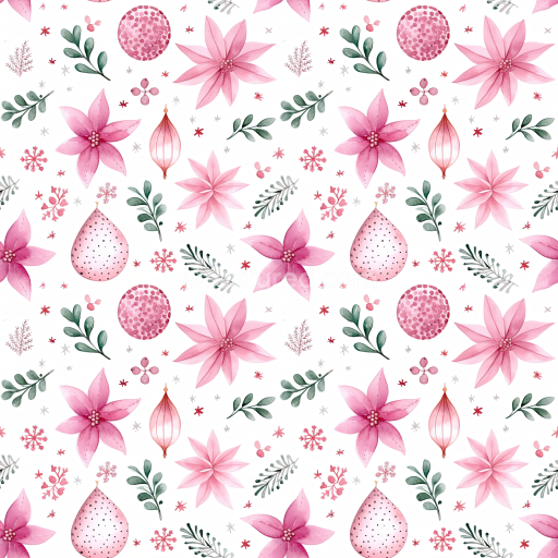 Seamless 3D PBR Digital Paper Texture with Pink Floral and Festive Ornaments