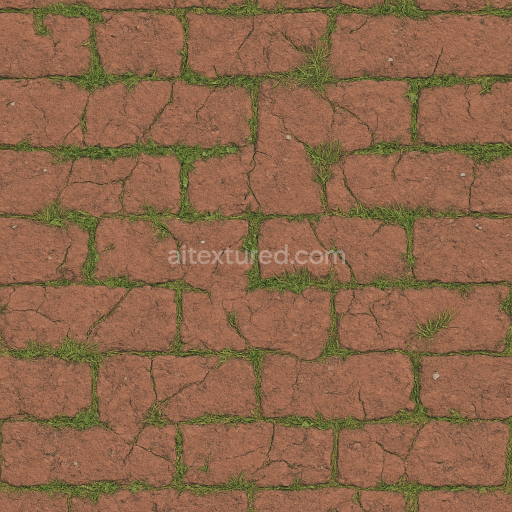 Seamless 3d texture pbr 8k brick red with rough wear and patchy grass cracks natural look