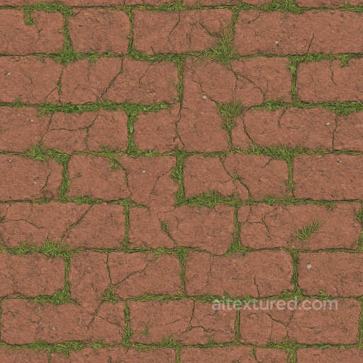 Brick Red With Rough Wear And Patchy Grass Cracks Natural Look seamless Park pavement PBR texture