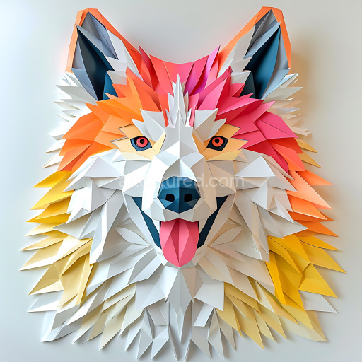 Seamless 3D PBR Texture of Origami-Inspired Canadian Eskimo Dog Fur in Bright Orange, Pink and Yellow