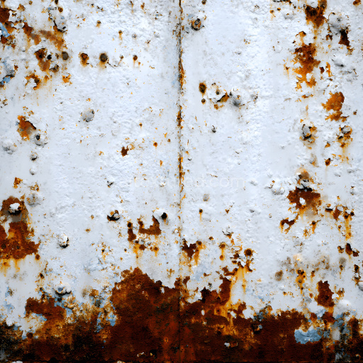 Seamless 3D Rusted Metal PBR Texture Featuring White Paint, Holes, and Cracked Corrosion