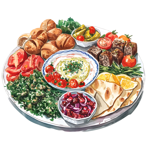 Preview — Lebanese Breakfast Platter with Fresh Vegetables and Flatbread PNG Graphic