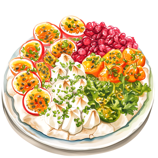 Breakfast Pavlova Grazing Platter with Passionfruit and Fresh Fruits Illustration