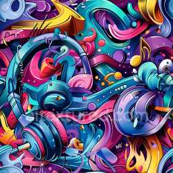 seamless Seamless 3D PBR texture featuring colorful graffiti style with headphones and musical notes texture 8k free download PBR
