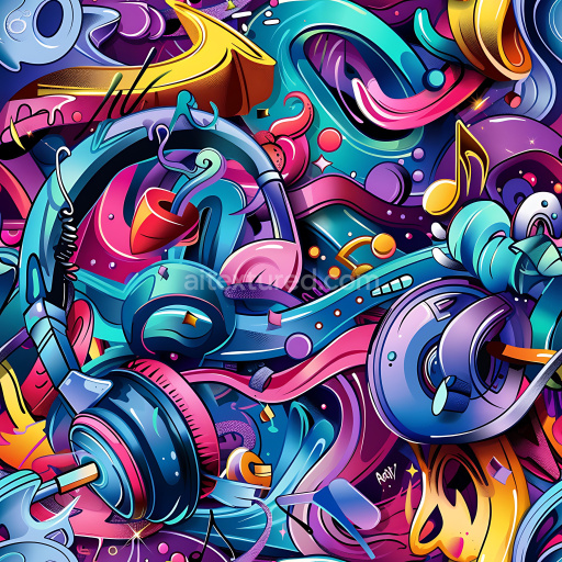 Seamless 3D PBR texture featuring colorful graffiti style with headphones and musical notes