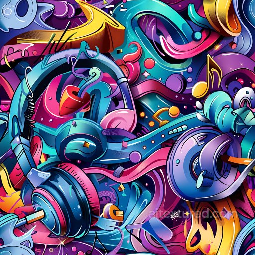 Seamless 3D PBR texture featuring colorful graffiti style with headphones and musical not… texture preview