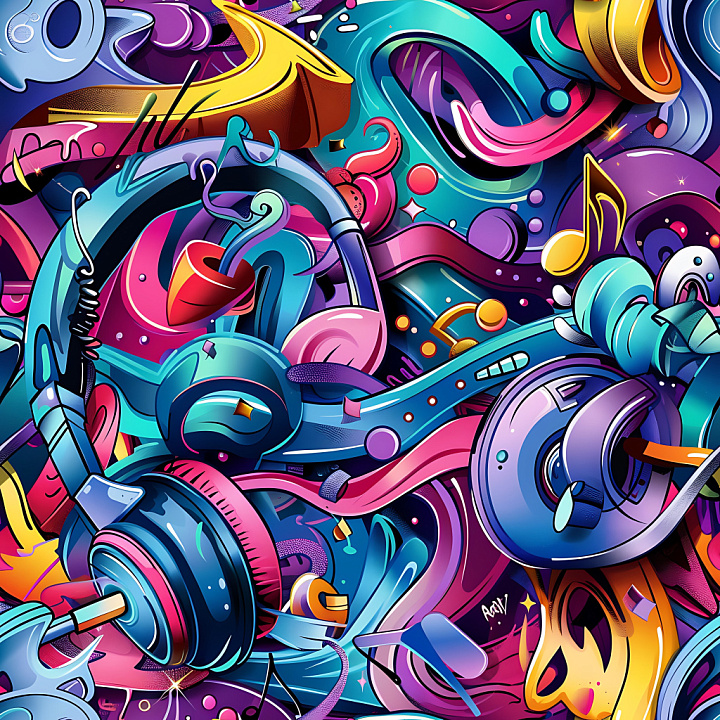 Featuring Colorful Graffiti Style With Headphones And Musical Notes seamless PBR texture preview