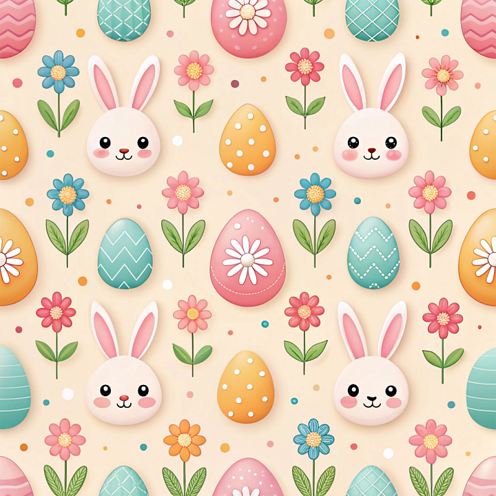 Easter Digital Paper with Bunny, Egg, and Flower Motifs seamless PBR texture preview