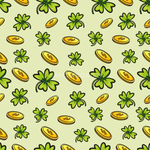Seamless 3D PBR Texture with Cartoon Four-Leaf Clovers and Shiny Gold Coins