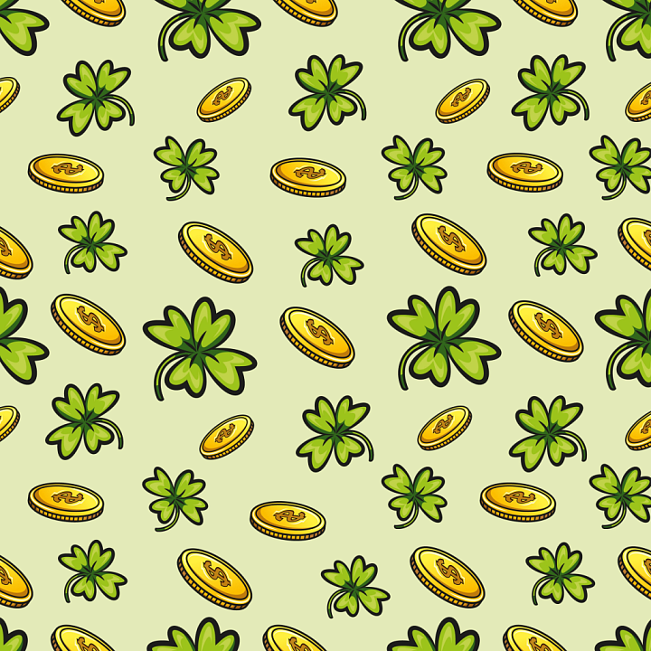 with Cartoon Four-Leaf Clovers and Shiny Gold Coins seamless PBR texture preview