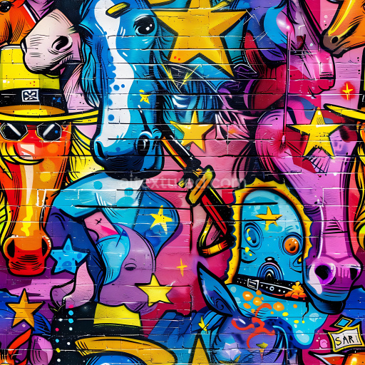 Seamless 3D PBR Texture Featuring Vibrant Cartoon Horses and Stars Graffiti Mural