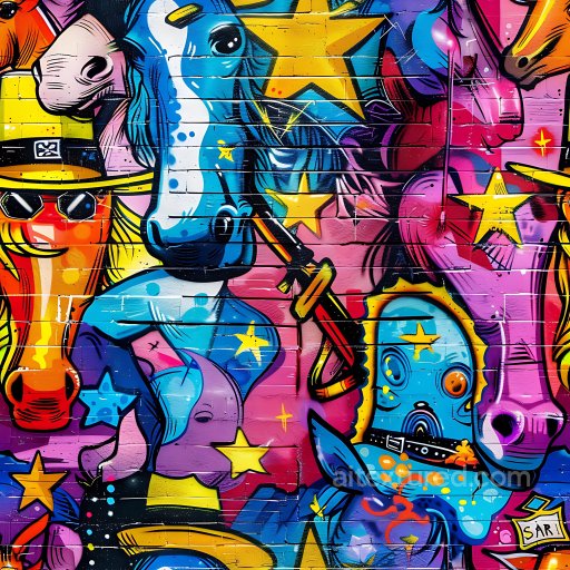 Seamless 3D PBR Texture Featuring Vibrant Cartoon Horses and Stars Graffiti Mural texture preview