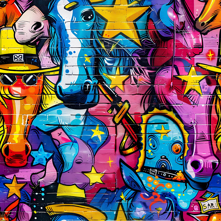 Featuring Vibrant Cartoon Horses and Stars Graffiti Mural seamless PBR texture preview