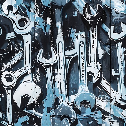 Seamless 3D PBR Graffiti Texture Featuring Blue-Black Wrench Stencils texture preview