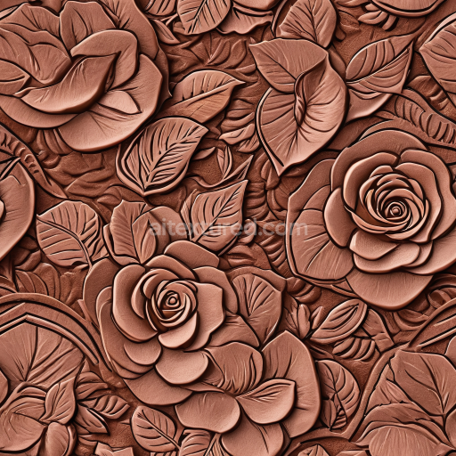 Seamless 3D PBR Embossed Floral Leather Texture in Warm Brown with Detailed Leaf and Rose Patterns